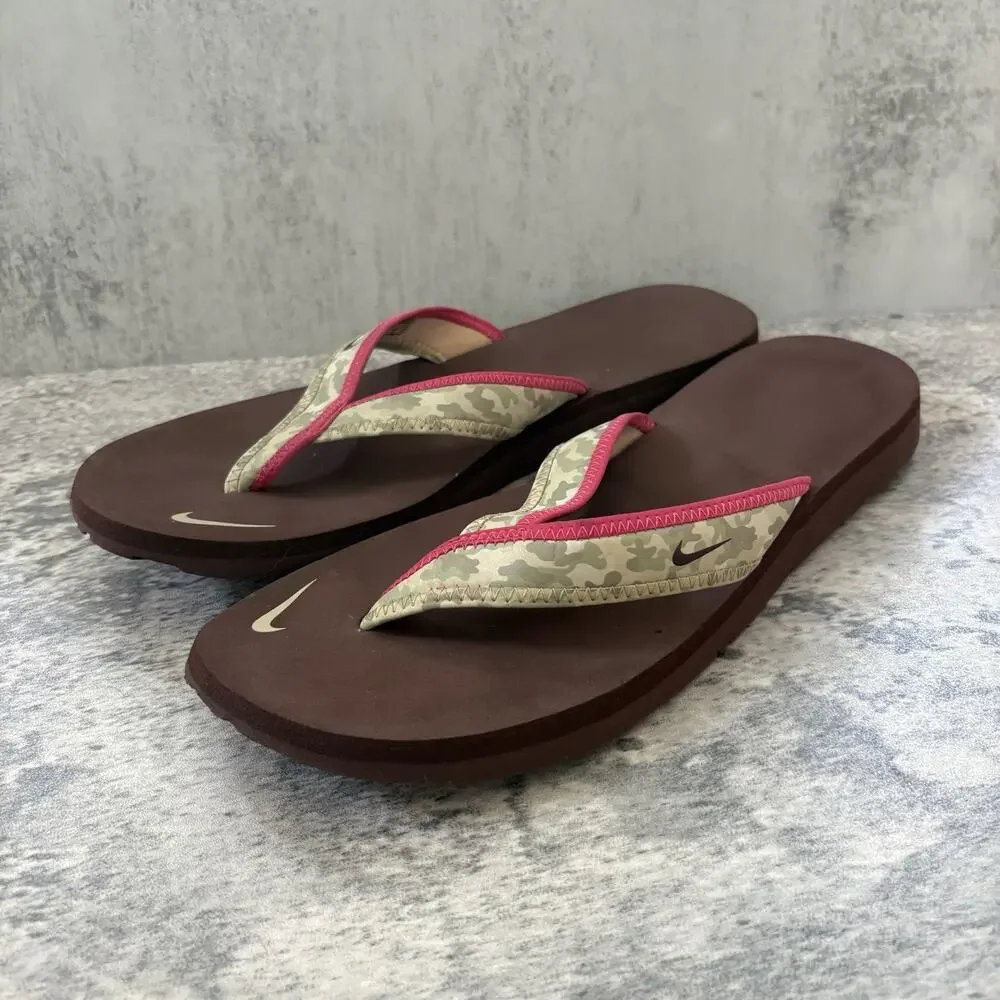Vintage Nike Celso Thong Sandals Womens Size 10 Camo Pink Brown Y2K 314870-221